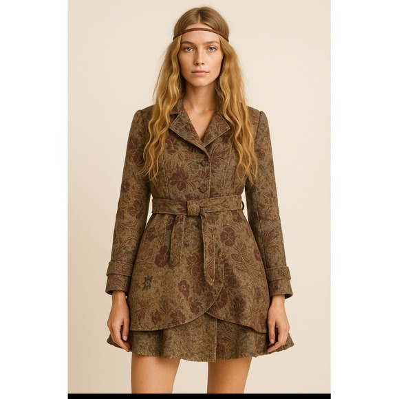 Vintage Olivier Strelli Floral Tapestry Belt Coat Flared Hem Jacket EU 42 US 10 - Picture 1 of 11